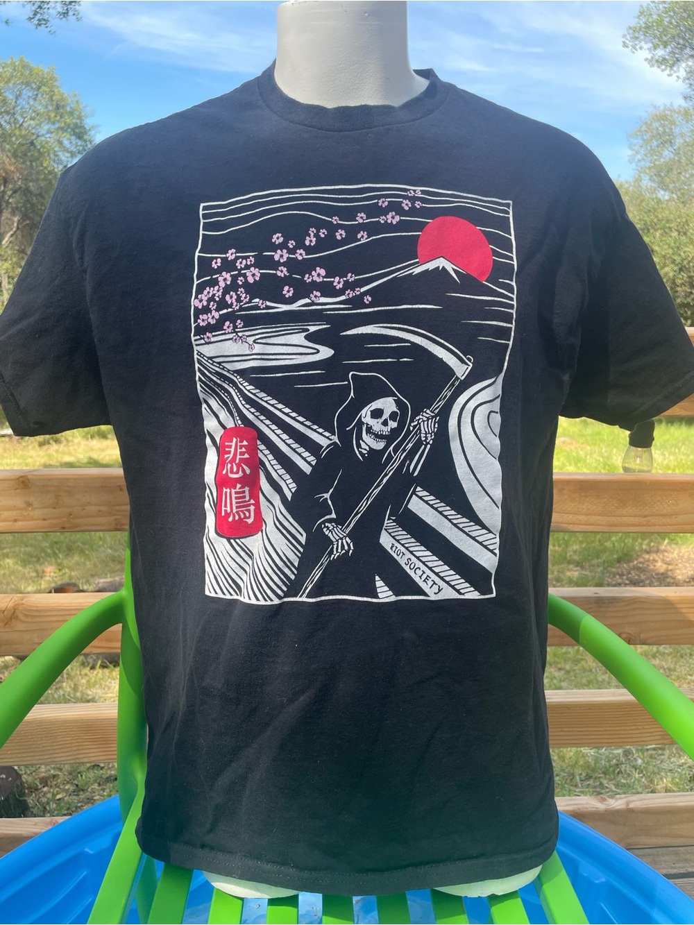 RIOT Society Grim Reaper Black Tee with Red Sun & White and Pink Cherry blossoms